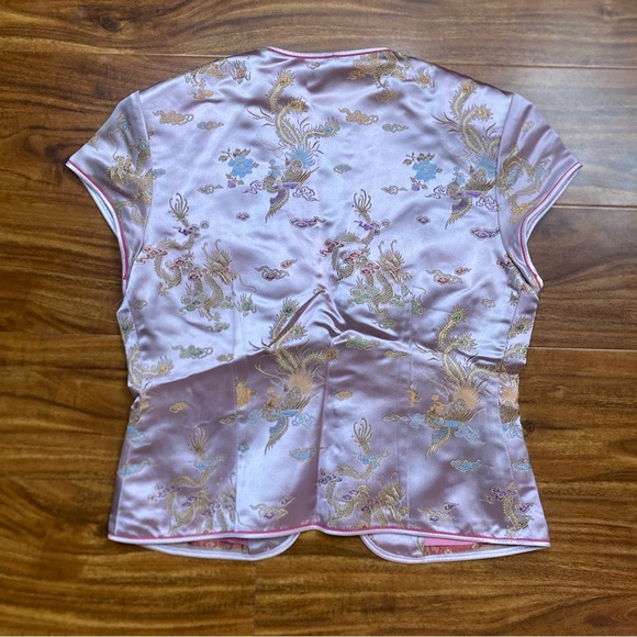 Vintage Women's Blush Pink Floral Dragon Satin Asian Cheongsam Top Size 0 Boho - Picture 2 of 10